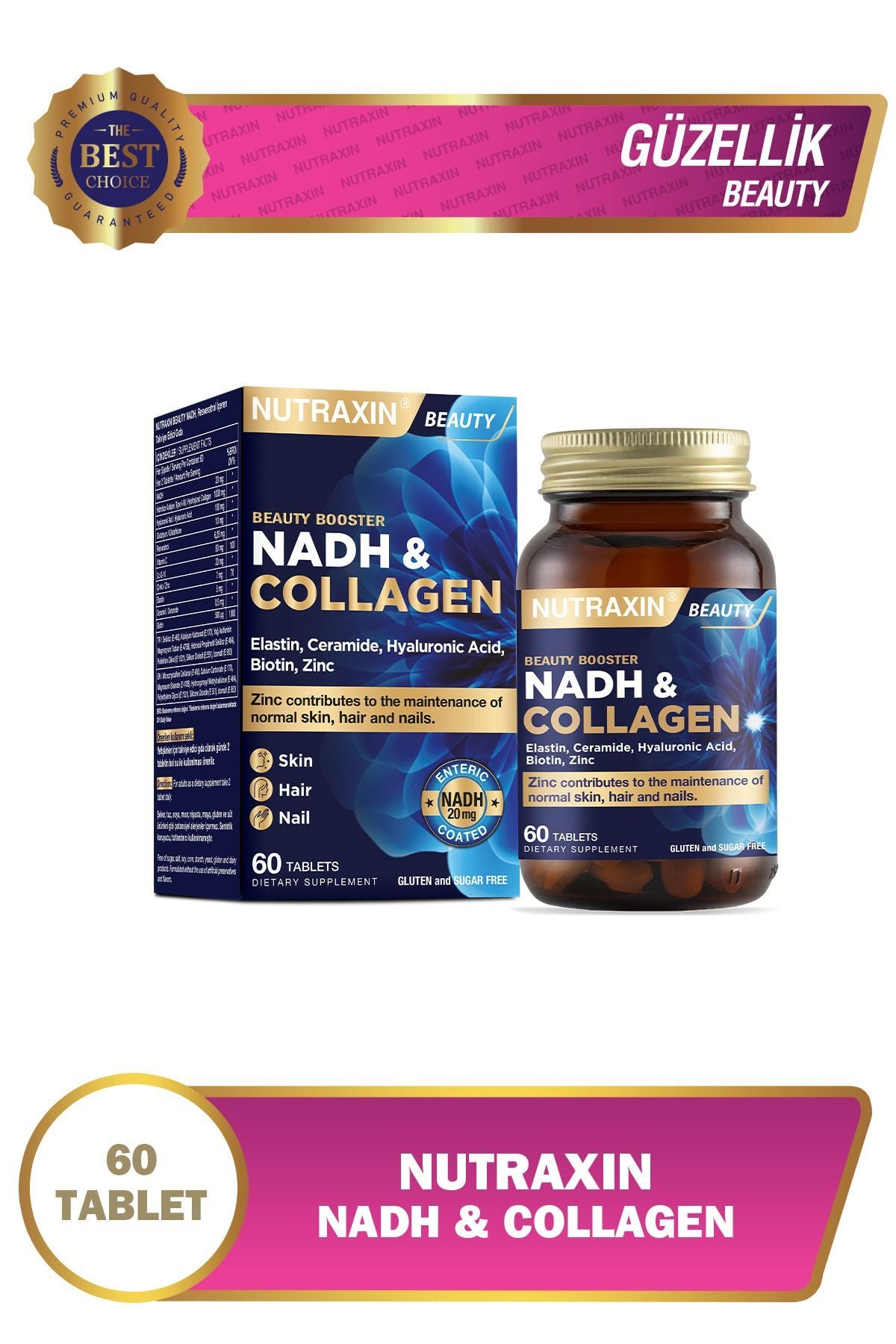 Nutraxin Nadh Collagen 60 Tablet Tip1 Tip3 Hyaluronik Asit, Elastin, Seramid, Resveratrol Glutatyon