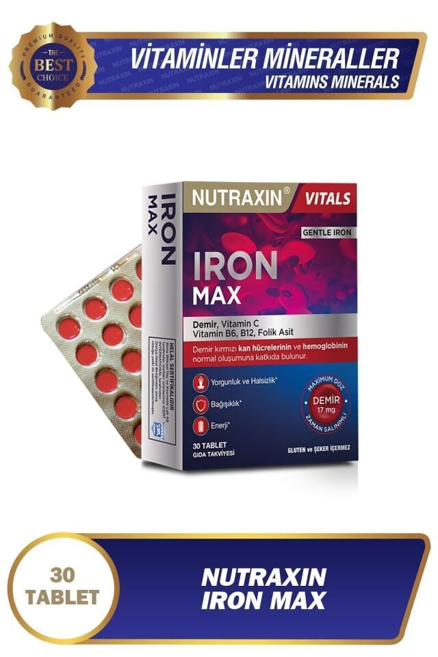 Nutraxin Iron Max Demir, Vitamin C, Vitamin B12 Içeren Takviye Edici Gıda 30 Tablet