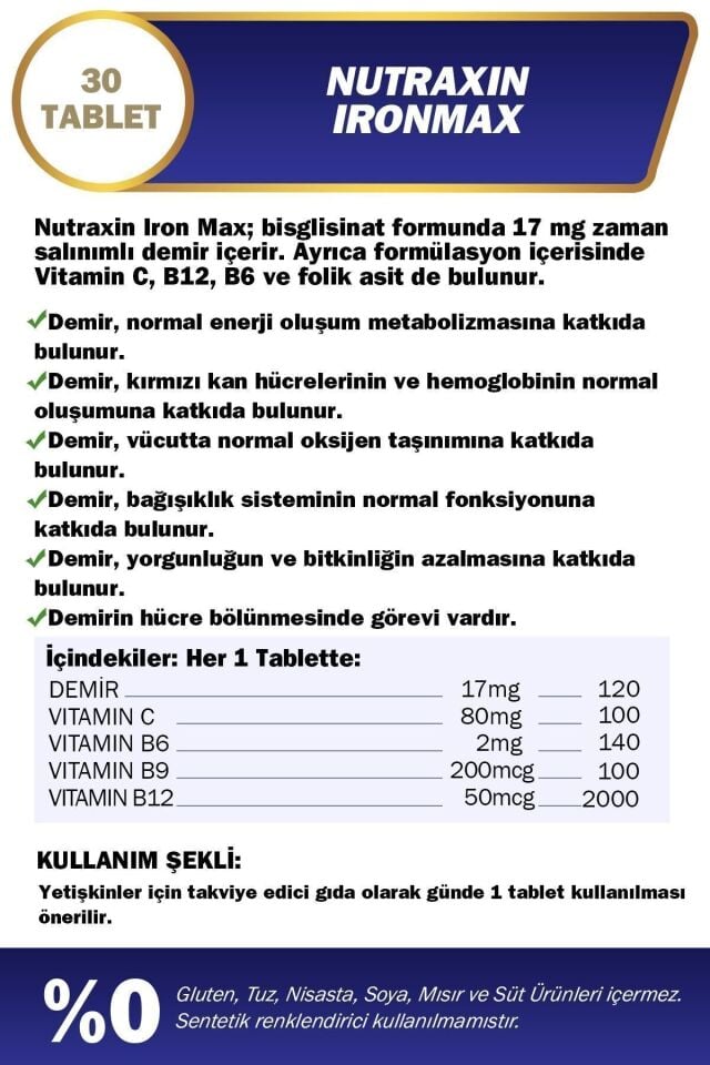 Nutraxin Iron Max Demir, Vitamin C, Vitamin B12 Içeren Takviye Edici Gıda 30 Tablet