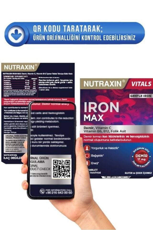 Nutraxin Iron Max Demir, Vitamin C, Vitamin B12 Içeren Takviye Edici Gıda 30 Tablet