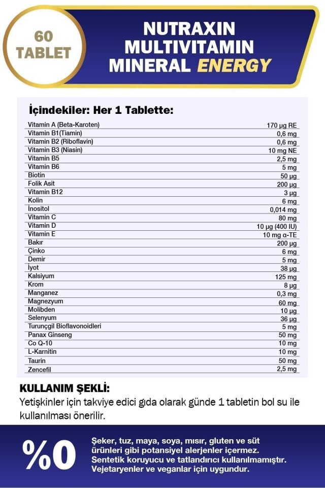 Nutraxin Multivitamin Mineral Energy Complex 60 Tbl - Magnezyum, Taurin, Kolin, Panax Ginseng, Q10