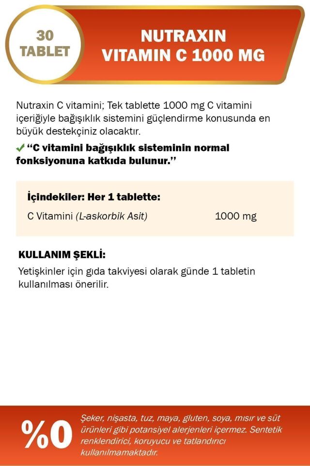 Nutraxin C Vitamin 1000 Mg - C Vitamini Deposu Zaman Salınımlı 30 Tablet