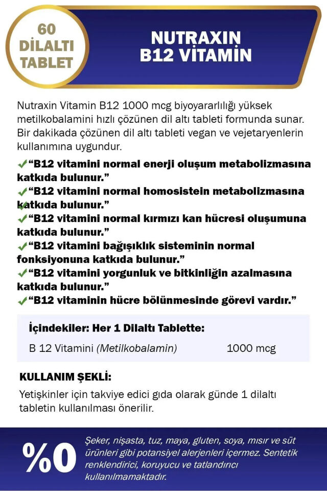 Nutraxin B12 Vitamini 1000 Mcg - Dil Altı Tableti