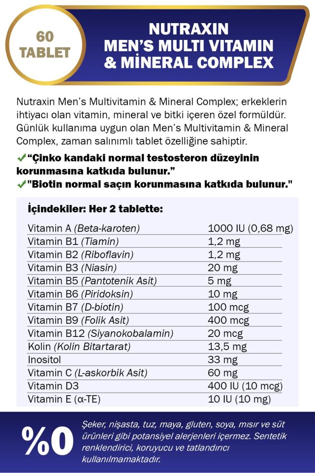 Nutraxin Men's Multi Vitamin Ve Mineraller Içeren Complex Takviye Gıda 60 Tablet