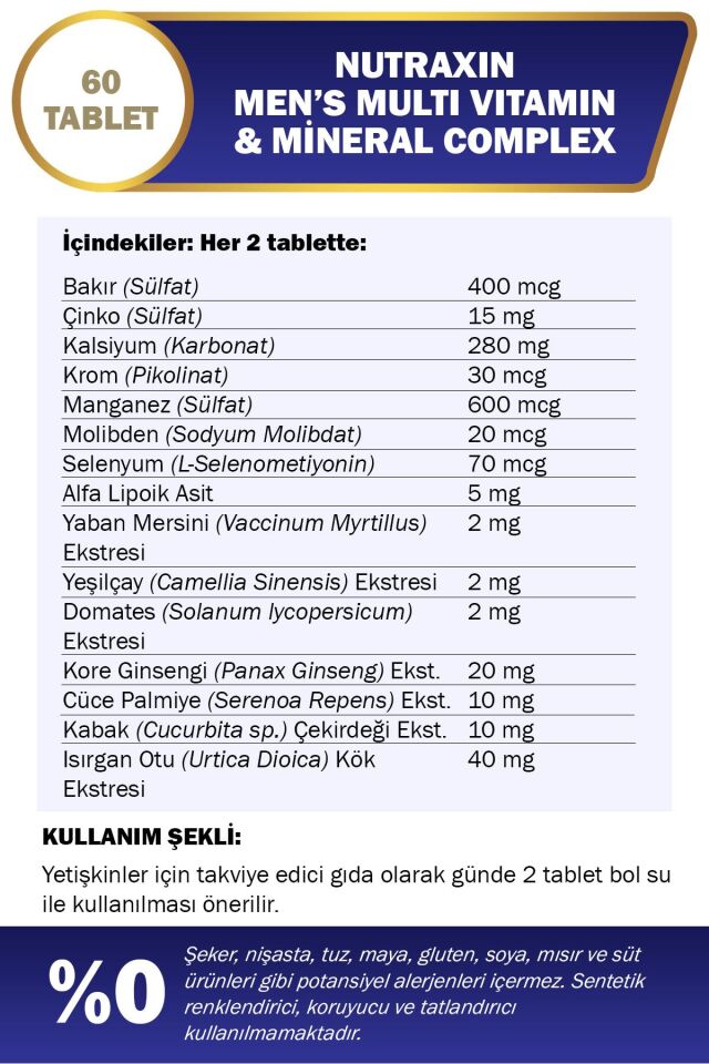 Nutraxin Men's Multi Vitamin Ve Mineraller Içeren Complex Takviye Gıda 60 Tablet