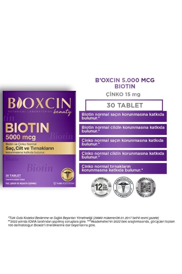 Bioxcin Biotin 5.000 Mcg 30 Tablet - Biotin Çinko 15 Mg Saç Ve Tırnak Vitamini