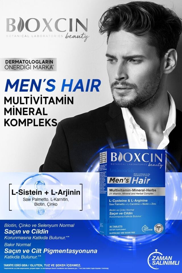 Bioxcin Mens Hair 30 Tablet - L Arginin Biotin Saw Palmetto L Carnitine Çinko L Sistein Keratin Bakır Iyot.