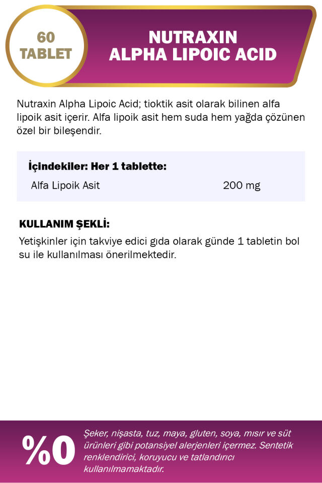 Nutraxin Alpha Lipoic Acid 200mg Takviye Edici Gıda 60 Tablet