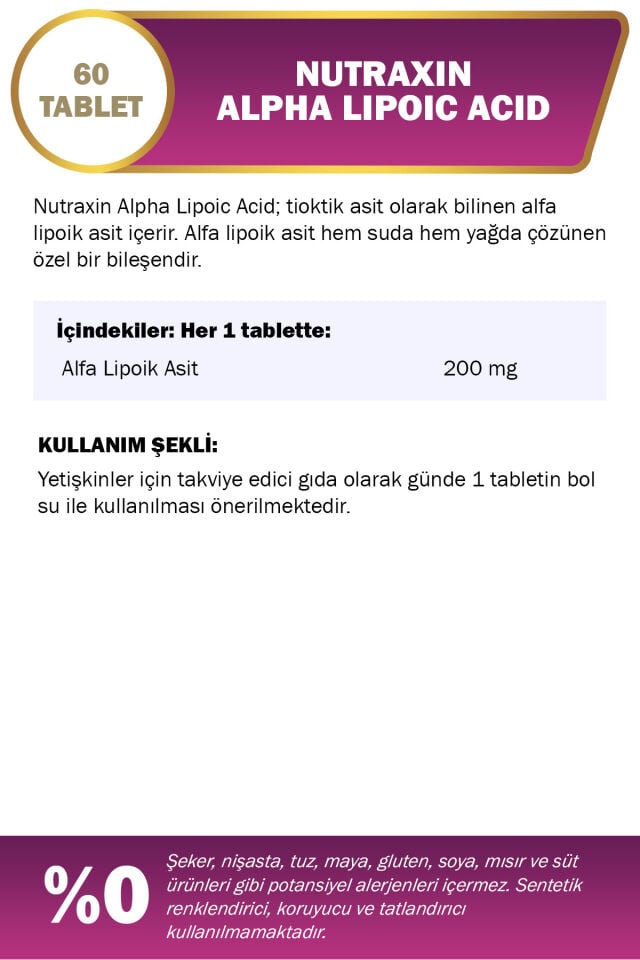 Nutraxin Alpha Lipoic Acid 200mg Takviye Edici Gıda 60 Tablet