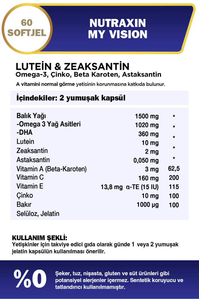 Nutraxin My Vision Eyes Vitamin 60 Soft Jel - Lutein, Zeaxanthin, Omega3, Çinko, Astaksantin, Beta Karoten