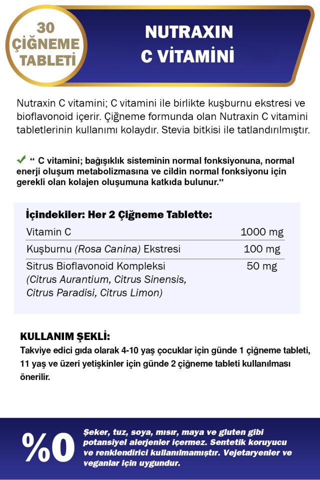 Nutraxin C Vitamini 500 Mg 30 Adet Çiğneme Tableti