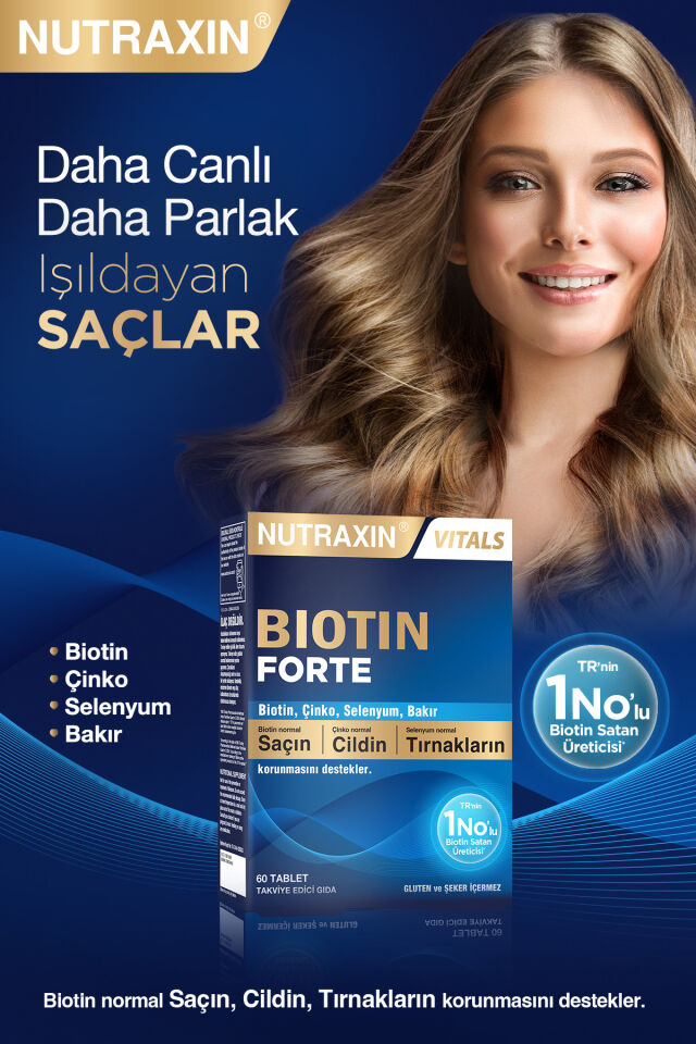 Nutraxin Biotin Forte 5.000 Mcg 60 Tbl - Biyotin, Çinko, Selenyum, Bakır