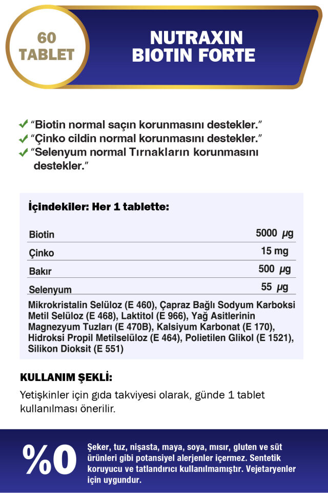 Nutraxin Biotin Forte 5.000 Mcg 60 Tbl - Biyotin, Çinko, Selenyum, Bakır