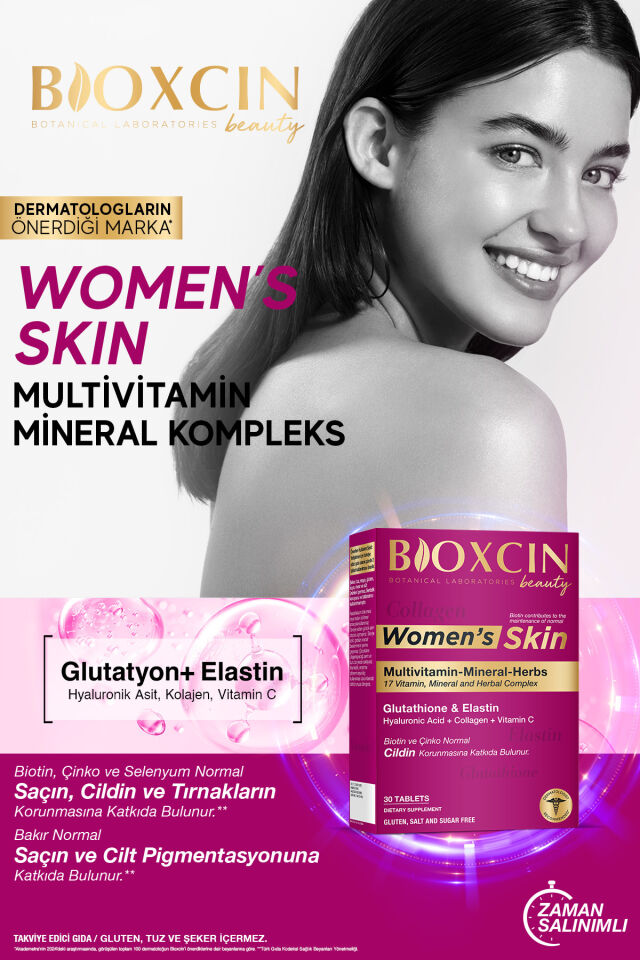 Bioxcin Women's Skin 30 Tbl - Glutatyon, Elastin, Biotin, Çinko, Kolajen, Hya Asit, Magnezyum, Cilt Vitamini