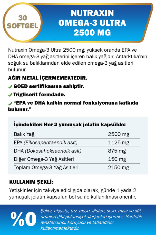 Nutraxin Omega3 Ultra 2500 Mg 30 Softjel - Balık Yağı, EPA 1125, DHA 875 Mg