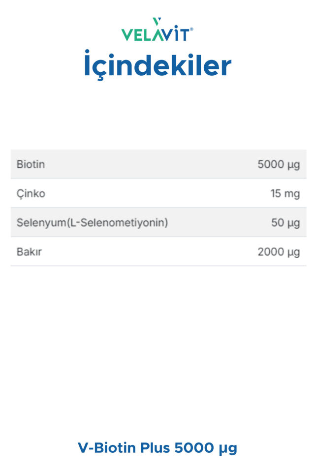 Velavit V-Biotin Plus 5000mcg Takviye Edici Gıda 60 Tablet