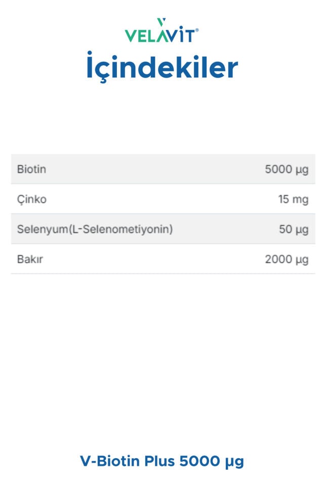 Velavit V-Biotin Plus 5000mcg Takviye Edici Gıda 60 Tablet