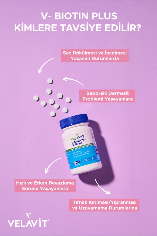 Velavit V-Biotin Plus 5000mcg Takviye Edici Gıda 60 Tablet