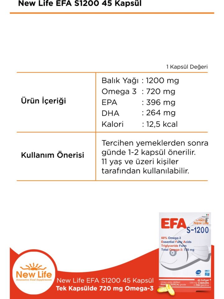 New Life Efa S-1200 Balık Yağı 45 Kapsül