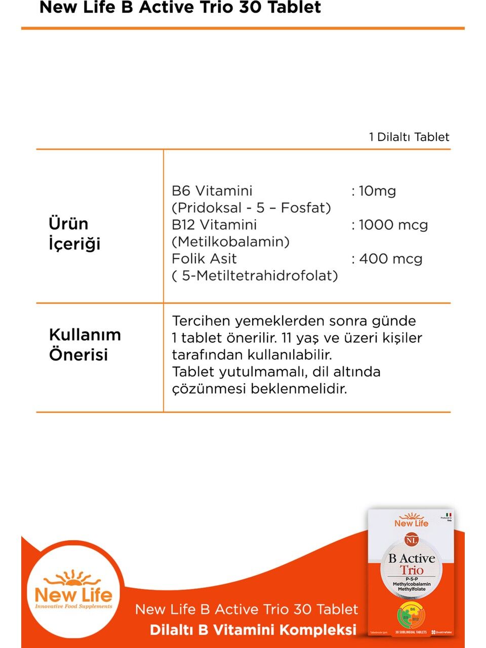 New Life B Active Trio Dil Altı 30 Tablet