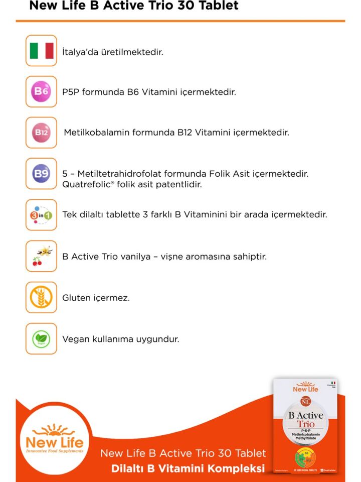 New Life B Active Trio Dil Altı 30 Tablet