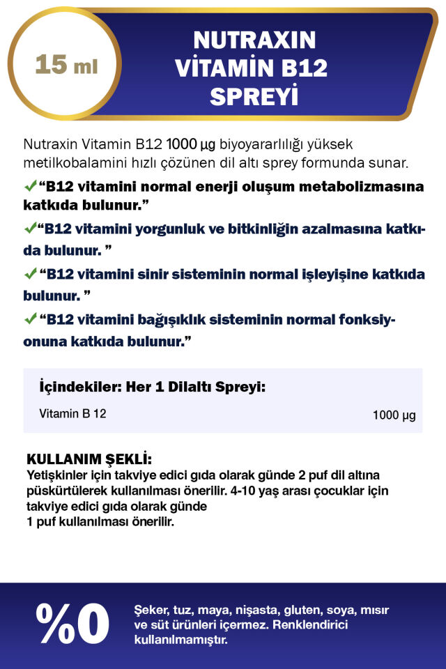 Vitamin B12 Sprey 15 ml – Metilkobalamin Formlu, Vegan, Hızlı Emilim Takviyesi