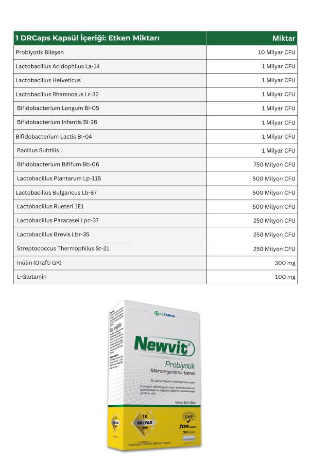 Newvit Probiyotik 30 Kapsül | 14 Farklı Probiyotik Kültür + L-Glutamin İlavelidir