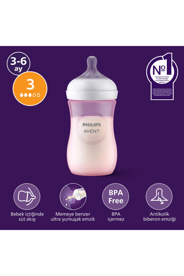 Avent Doğal Tepkili PP Pembe Biberon, 260ml, 3-6 Ay, SCY903/11