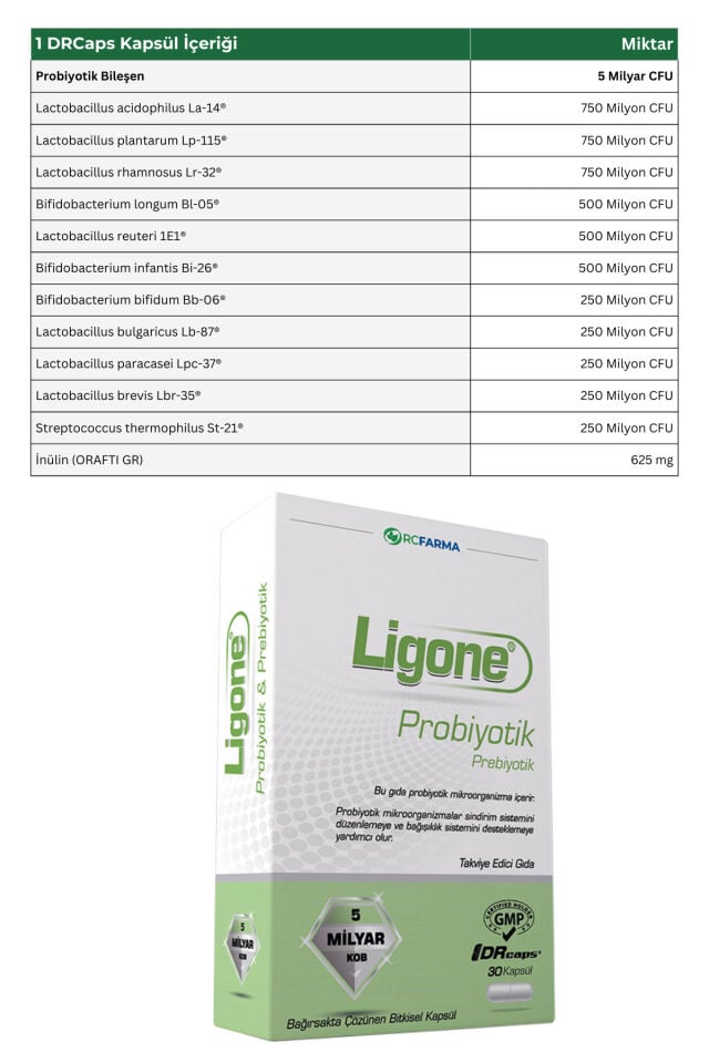 Ligone Probiyotik DRCaps Bitkisel Kapsül 30 Kapsül 5 Milyar CFU