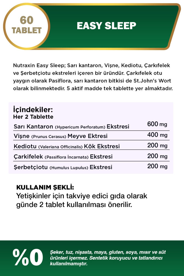 Easy Sleep 60 Tablet - Sarı Kantaron, Vişne, Kediotu Kök ve Çarkıfelek Ekstresi