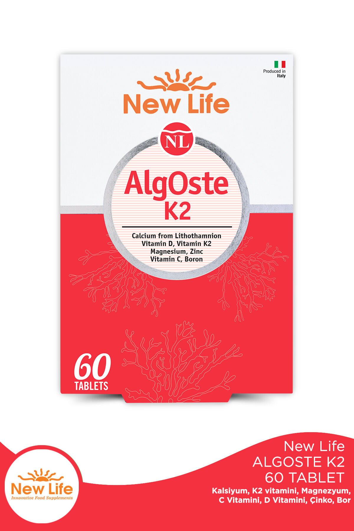 AlgOste K2 60 Tablet Kalsiyum - K2 Vitamini - Magnezyum- D ve C Vitamini - Çinko - Bor