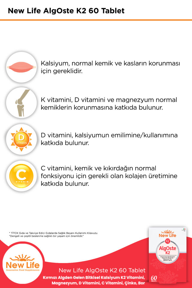 AlgOste K2 60 Tablet Kalsiyum - K2 Vitamini - Magnezyum- D ve C Vitamini - Çinko - Bor