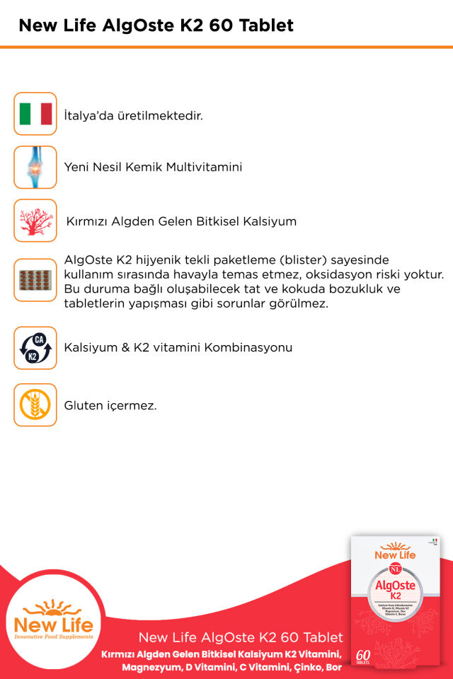 AlgOste K2 60 Tablet Kalsiyum - K2 Vitamini - Magnezyum- D ve C Vitamini - Çinko - Bor