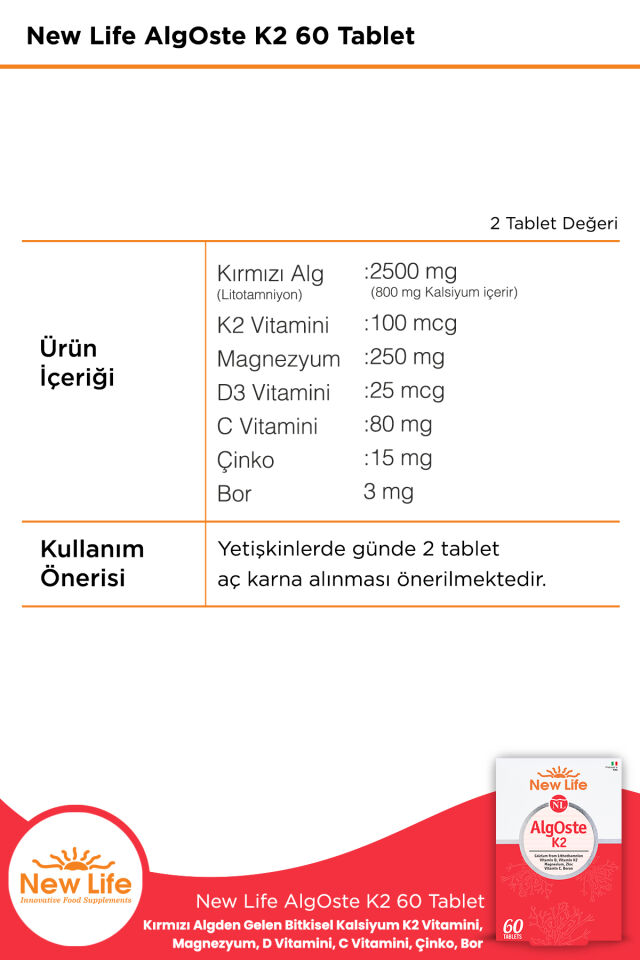AlgOste K2 60 Tablet Kalsiyum - K2 Vitamini - Magnezyum- D ve C Vitamini - Çinko - Bor