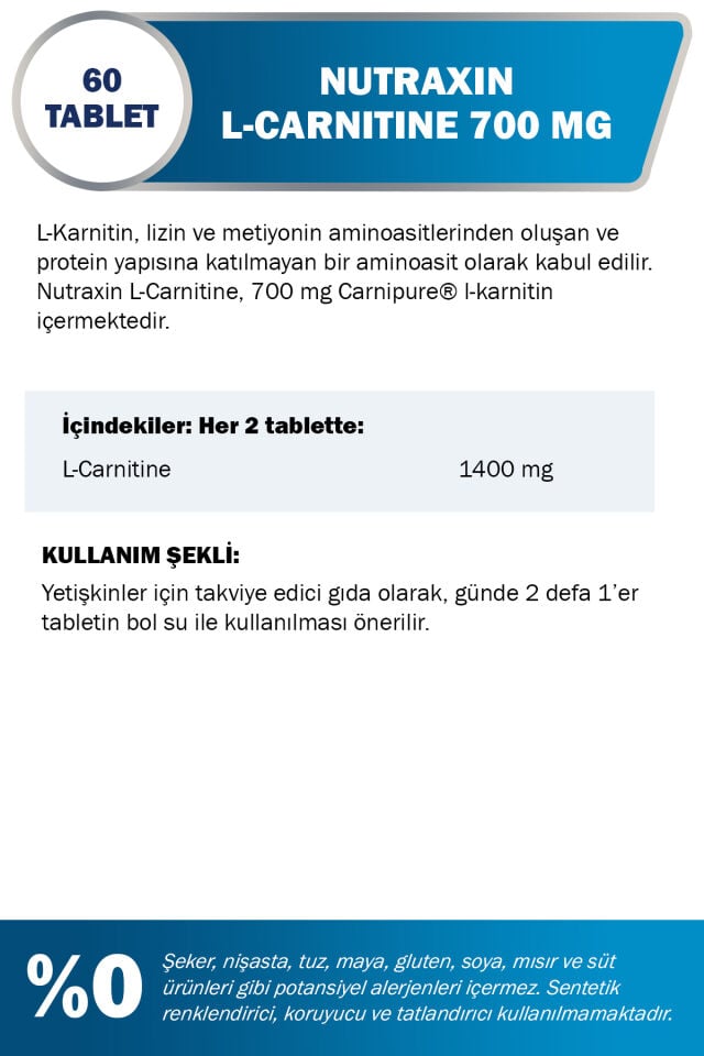 L-Carnitine 700 mg 60 Tablet | 700 mg L-Karnitin | Enerji & Yağ Metabolizması Desteği