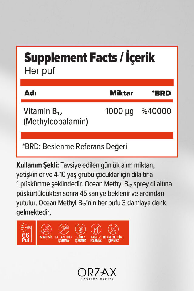 Methyl B12 Dilaltı Sprey - Vitamin B12 Takviye Edici Gıda - 1000 µg (Metilkobalamin) - 10 ml