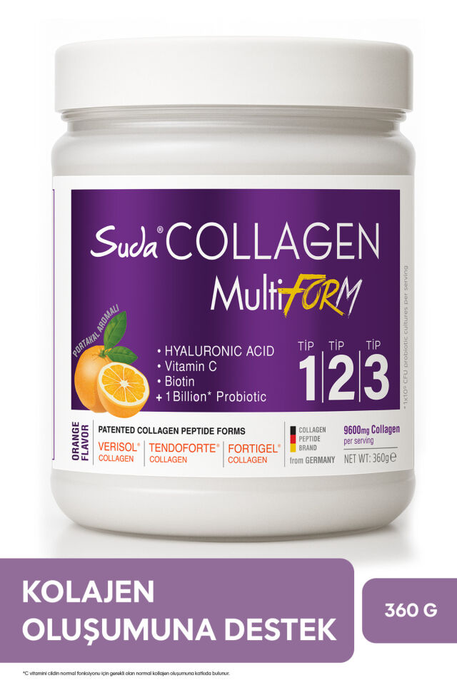Suda Collagen Multiform Hidrolize Kolajen, Vitamin C,Biotin,Hyaluronik Asit,Saç,Tırnak,Cilt Portakal Aromalı 360g