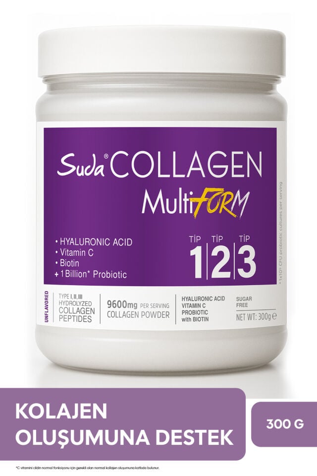 Suda Collagen Multiform Hidrolize Kolajen Tip 1 2 3,Vitamin C,Biotin,Hyaluronik Asit,Saç,Tırnak,Cilt Aromasız 300g