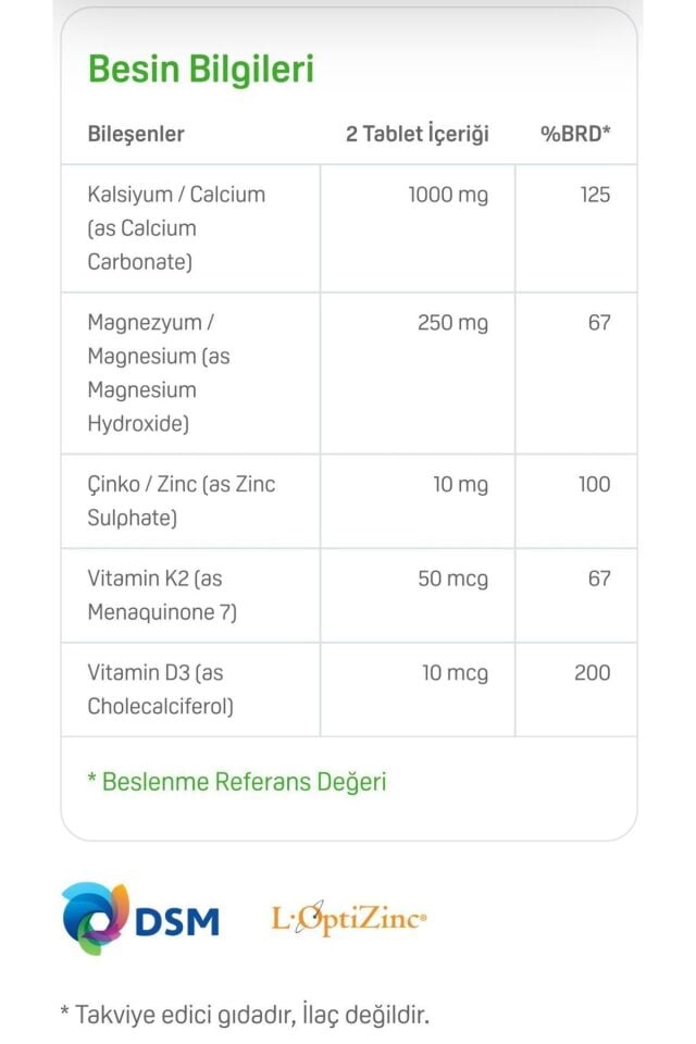 Kalsiyum Magnezyum Çinko Zinc Plus D3 & K2 İçeren Kas ve Kemik Desteği Vitamini 100 Tablet
