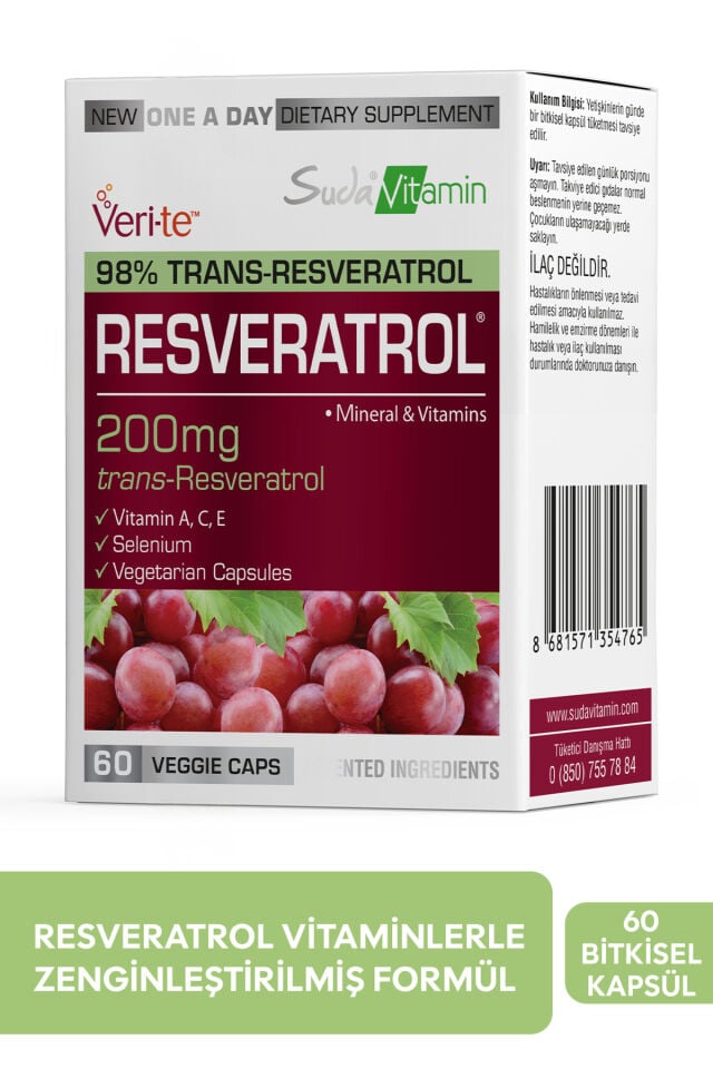 Resveratrol 200 mg- Vitamin C,E,A, Selenyum, Enerji,Bağışıklık ve Oksidatif Strese Karşı 60 Kapsül
