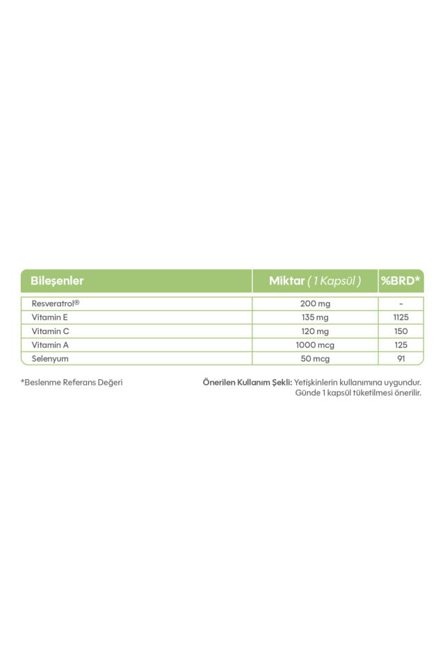 Resveratrol 200 mg- Vitamin C,E,A, Selenyum, Enerji,Bağışıklık ve Oksidatif Strese Karşı 60 Kapsül