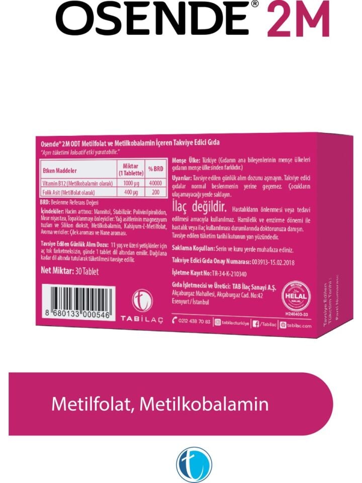 Osende 2M 30 Dilaltı Tablet Vitamin B12 (Metilkobalamin) Folik Asit (Metilfolat)