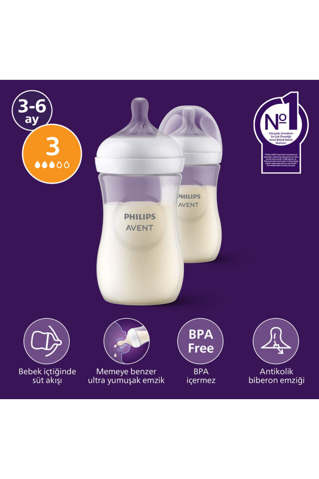 Avent Doğal Tepkili 2'li PP Biberon Seti, 260ml, 3-6 Ay, SCY903/02
