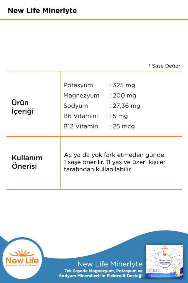 New Life Minerlyte 12 Saşe Elektrolit Çözeltisi - Magnezyum - Potasyum - Sodyum - B12 Vitamini - B6 Vitamini