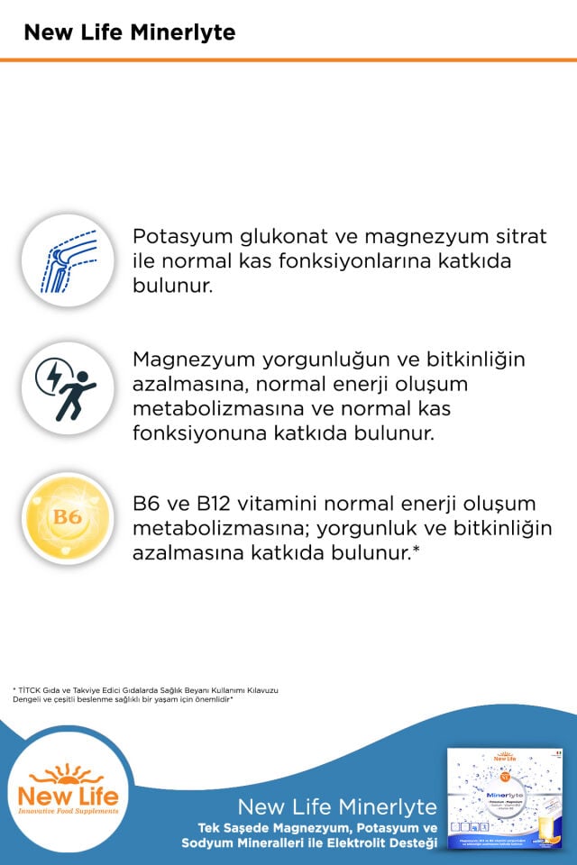 New Life Minerlyte 12 Saşe Elektrolit Çözeltisi - Magnezyum - Potasyum - Sodyum - B12 Vitamini - B6 Vitamini