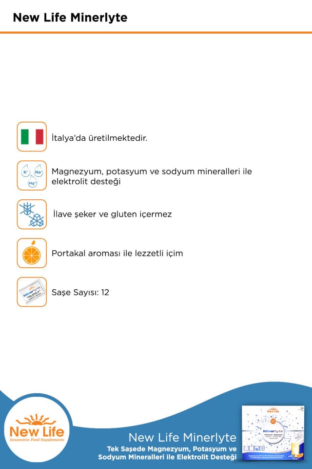 New Life Minerlyte 12 Saşe Elektrolit Çözeltisi - Magnezyum - Potasyum - Sodyum - B12 Vitamini - B6 Vitamini