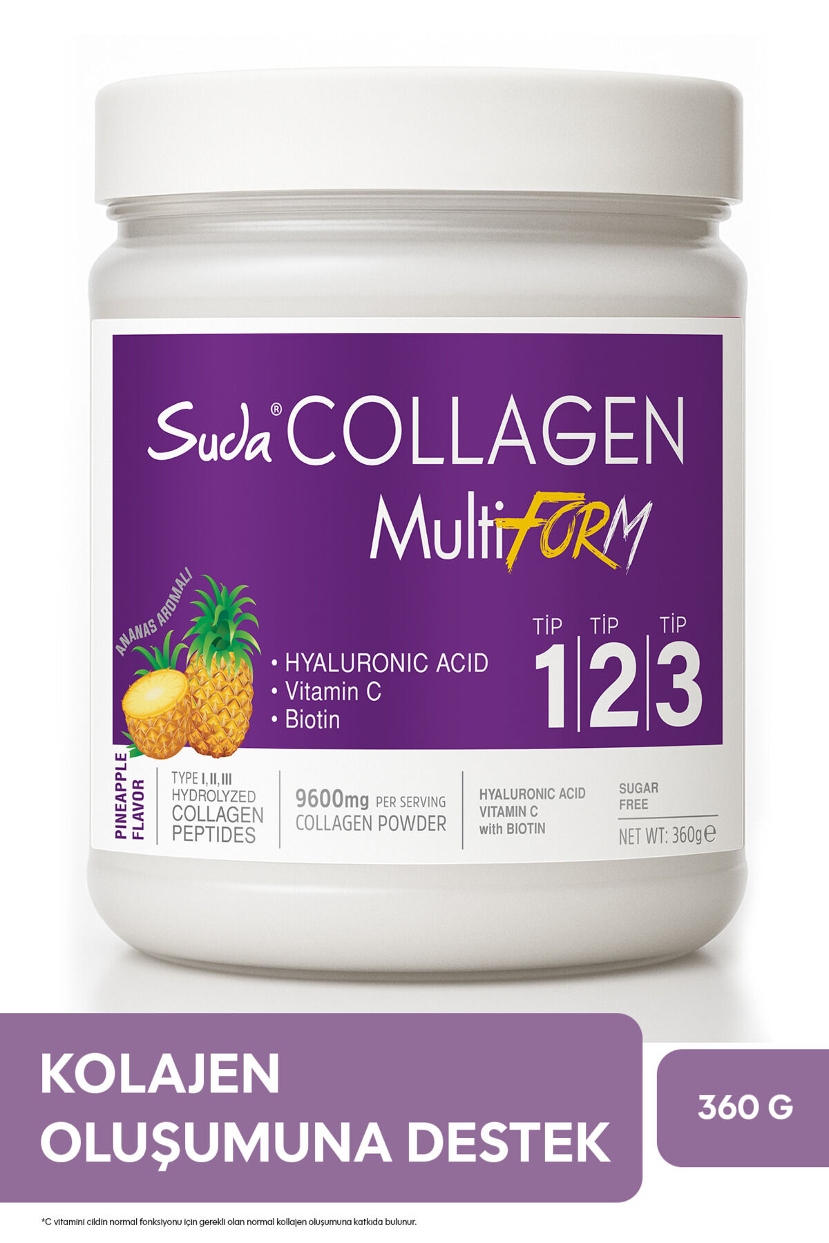 Suda Collagen Multiform Hidrolize Kolajen, Vitamin C,Biotin,Hyaluronik Asit,Saç,Tırnak,Cilt Ananas Aromalı 360g